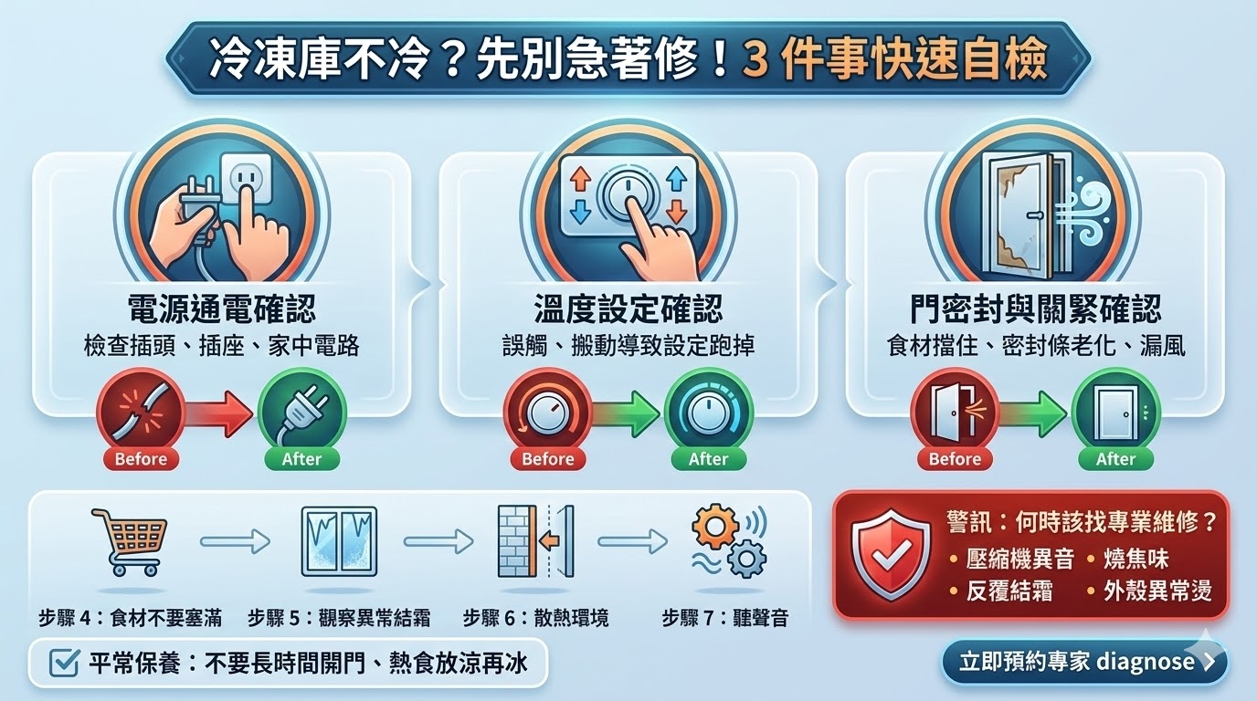 當您發現冷凍庫不冷或食材退冰時，先別急著報修！本文詳細整理了冷凍庫異常的常見原因，教您透過簡單的 3 步驟快速排查：從電源通電、溫度設定到門封條密合度檢查，幫助您區分是使用習慣導致的小問題，還是需要專業冷凍庫維修。掌握日常保養與散熱要點，能有效延長壓縮機壽命，讓食材保存更安心。